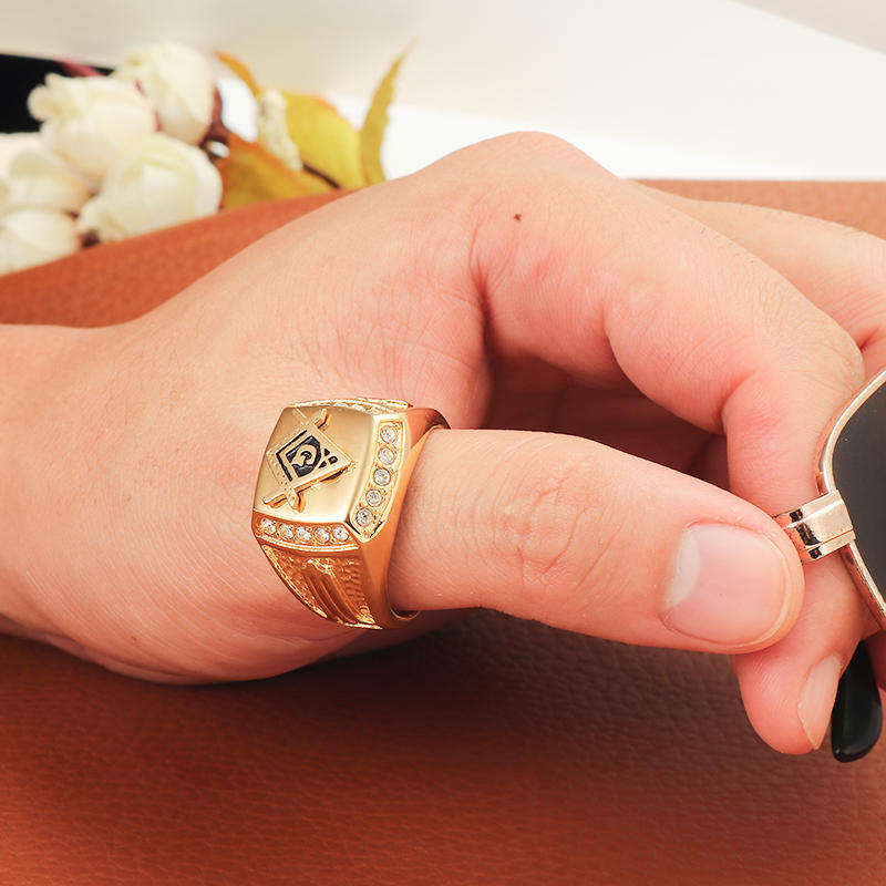 Fashion Gold Titanium Steel Finger Ring Rhinestone Free-Mason Logo Jewelry Gift for Men - Gold / 12