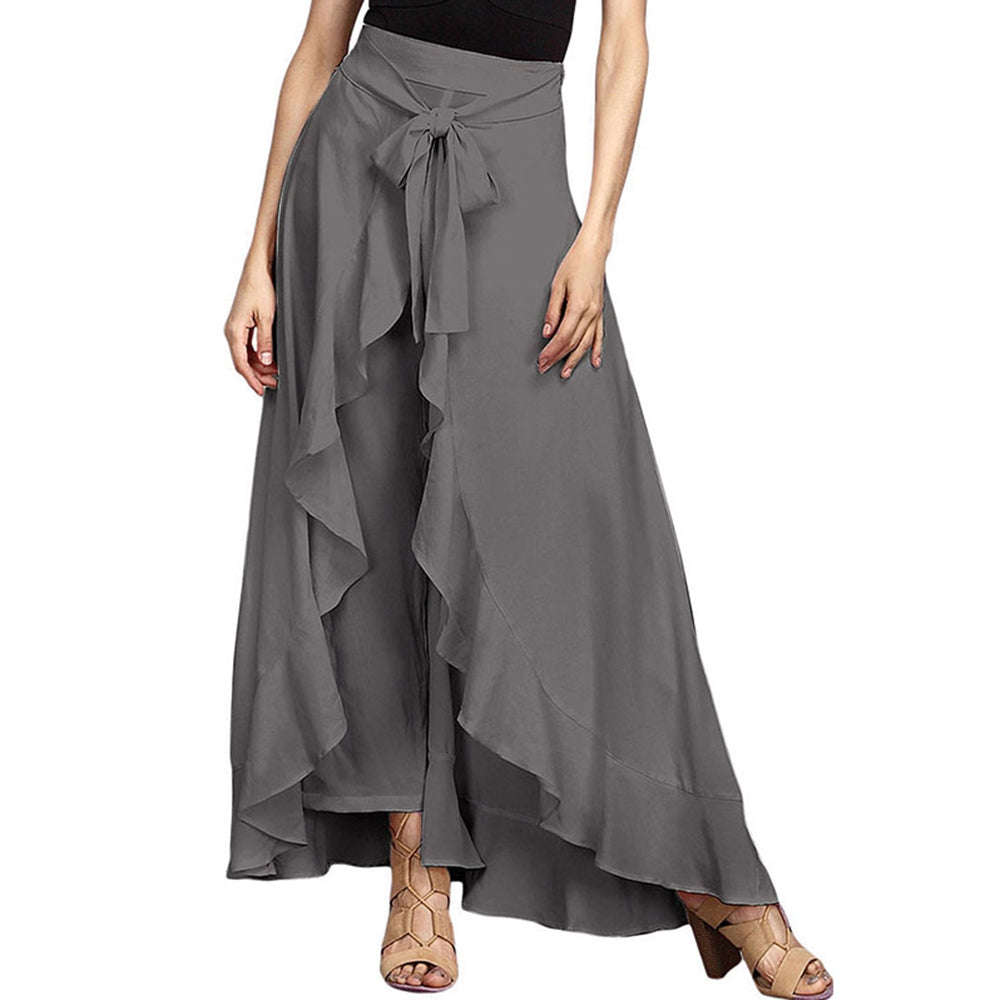 Ruffle Waist Tie Skirt Pants - GRAY / 3XL