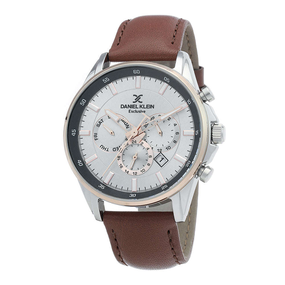 Daniel Klein Exclusive Watch DK.1.12341.6 Stainless Steel Head With Silver Dial On Brown Leather