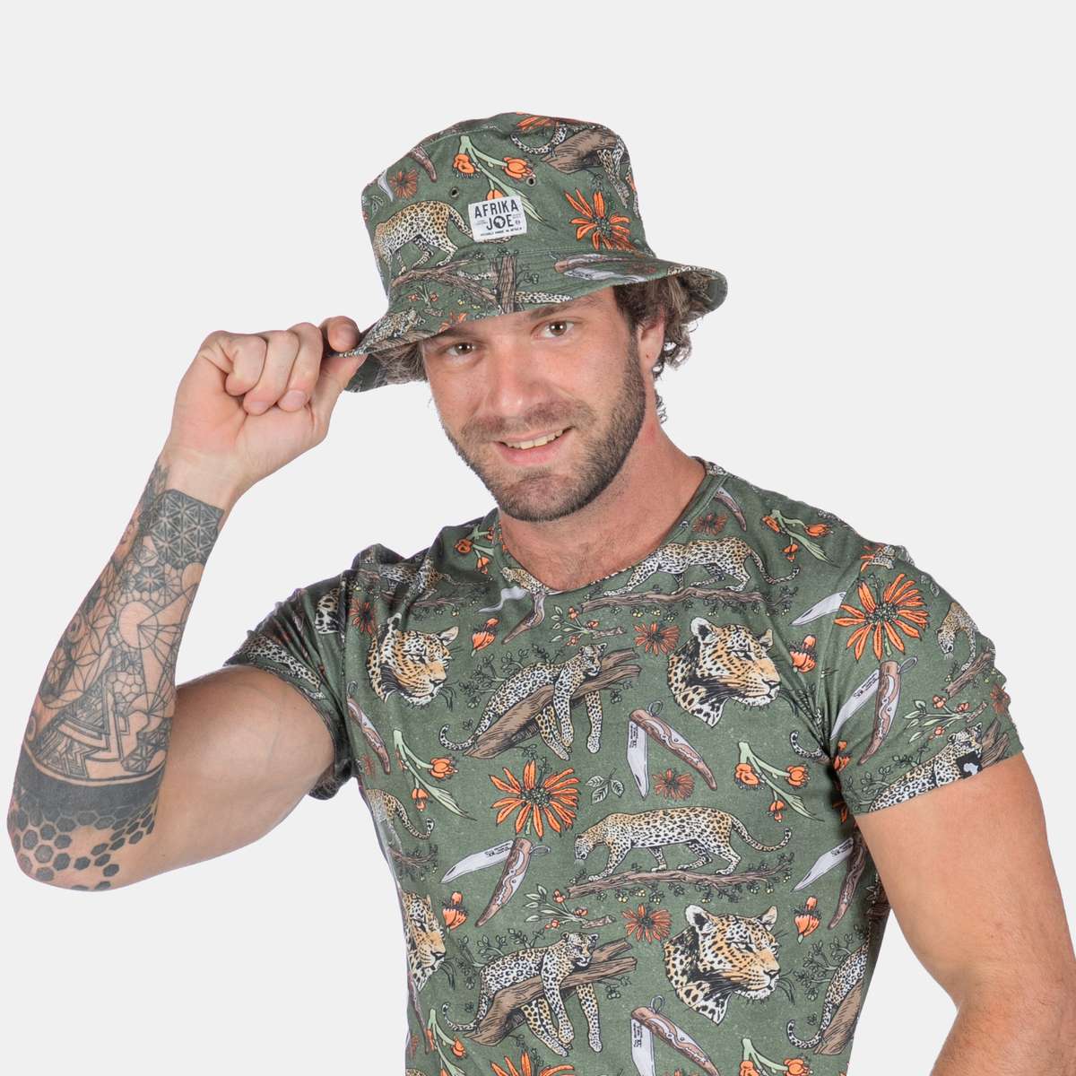 Men's Leopard Pattern Bucket Hat - Olive