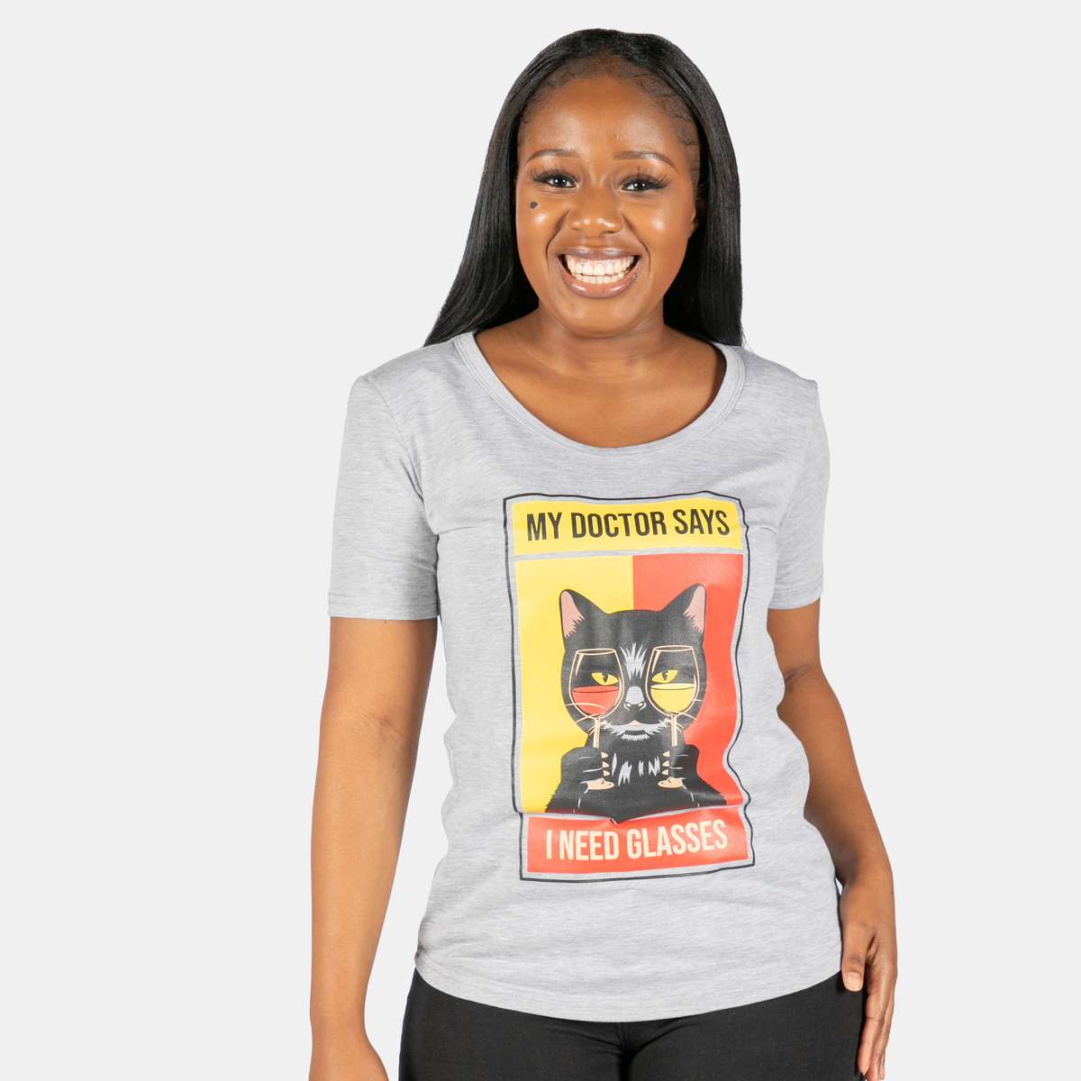 Ladies' Cat Glasses T-Shirt - Grey