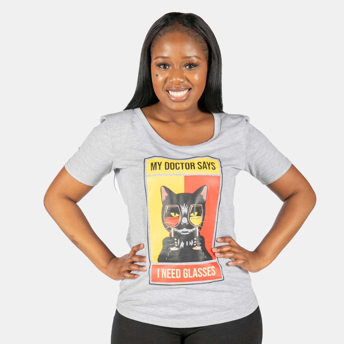 Ladies' Cat Glasses T-Shirt - Grey