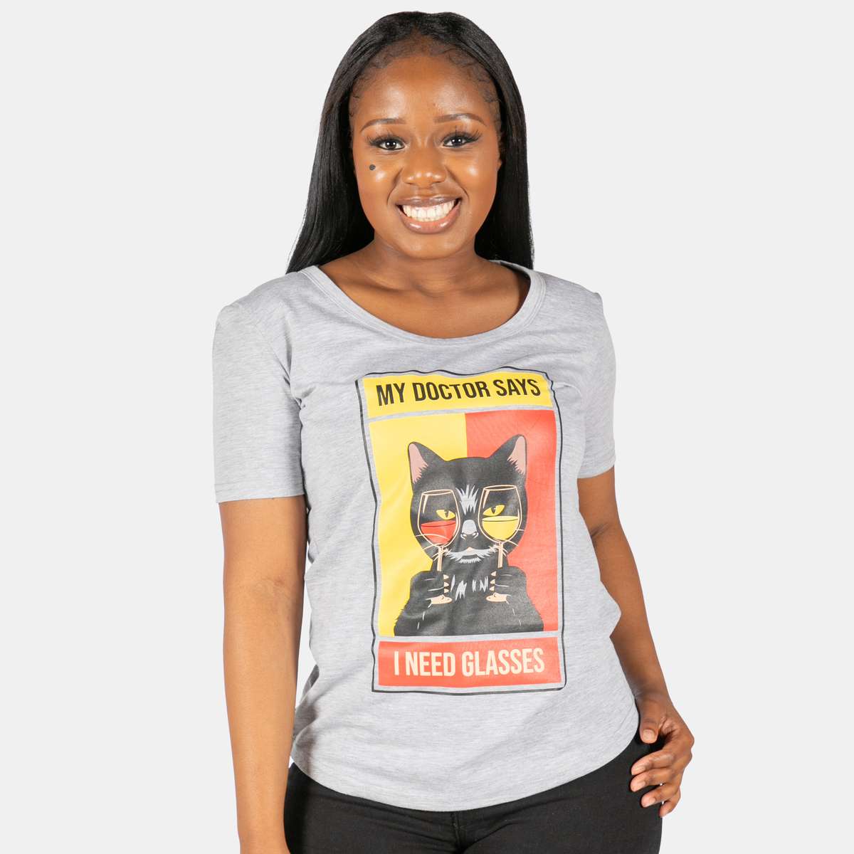 Ladies' Cat Glasses T-Shirt - Grey