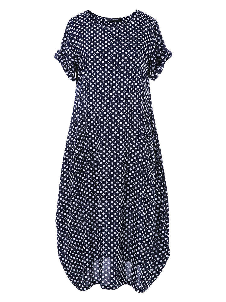 Summer Polka Dot Print Short Sleeve Plus Size Dress - Navy / 3XL