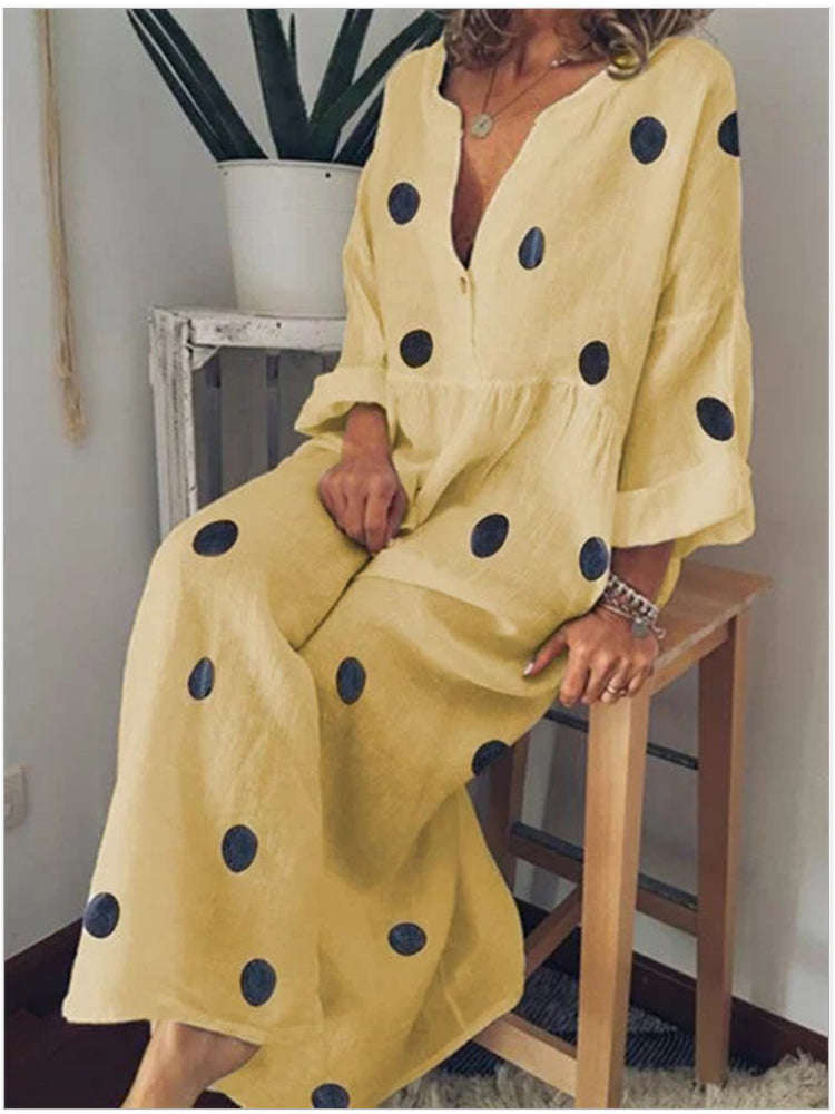 Plus Size V-neck Polka Dots Women Maxi Dress - Yellow / 16