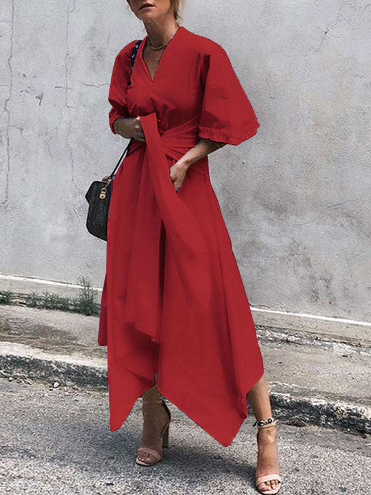 Women 3/4 Sleeve Casual Belted  Dress - Red / 5XL