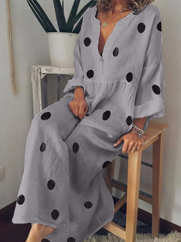 Plus Size V-neck Polka Dots Women Maxi Dress - Grey / 14
