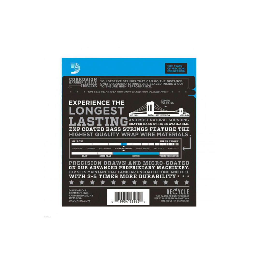 D'Addario EXP170 45-100 Coated Nickel Wound Bass Light Long Scale 4 String Bass Guitar Strings