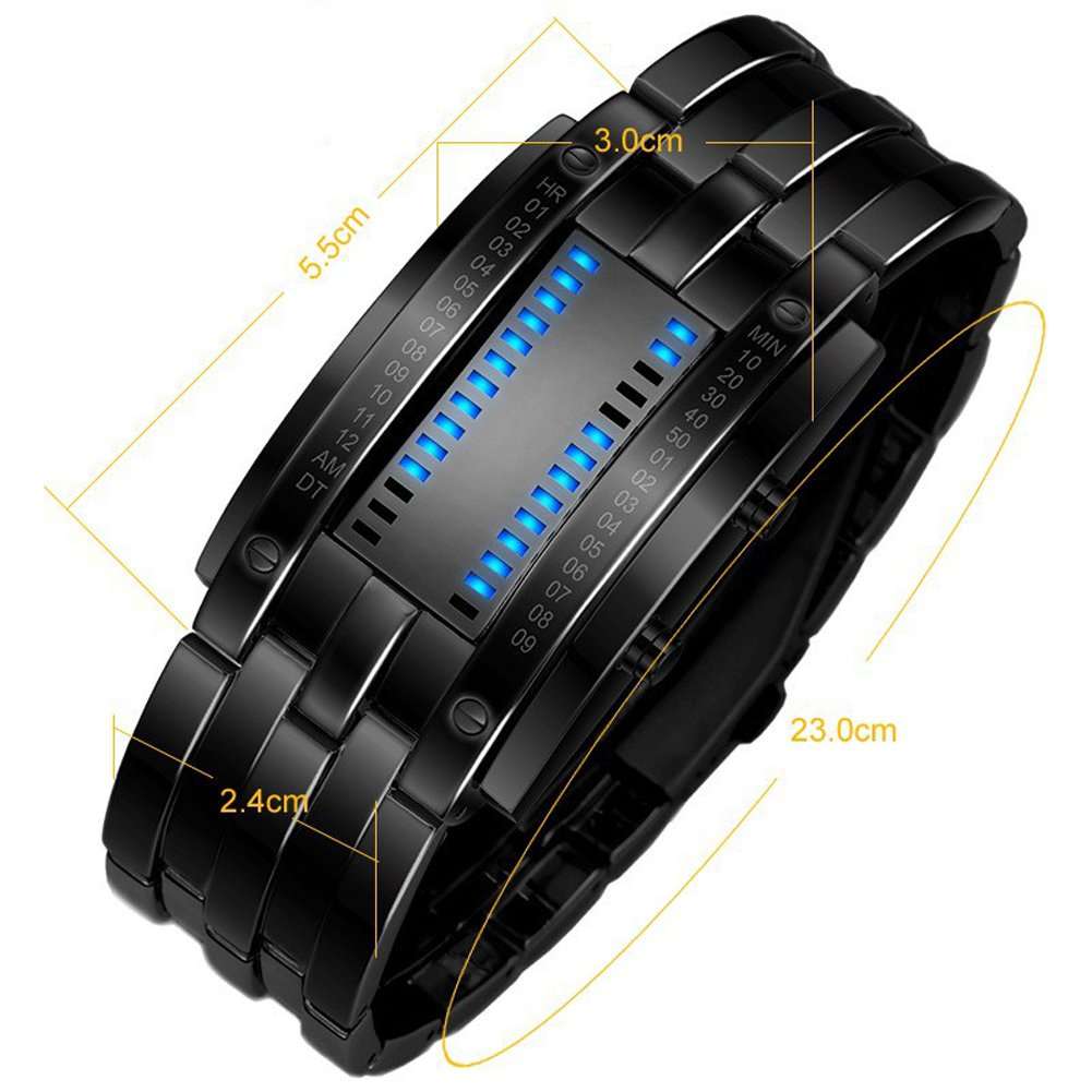 Binary Matrix Blue LED Digital Watch Mens Classic Creative Fashion Black Plated Wrist Watches