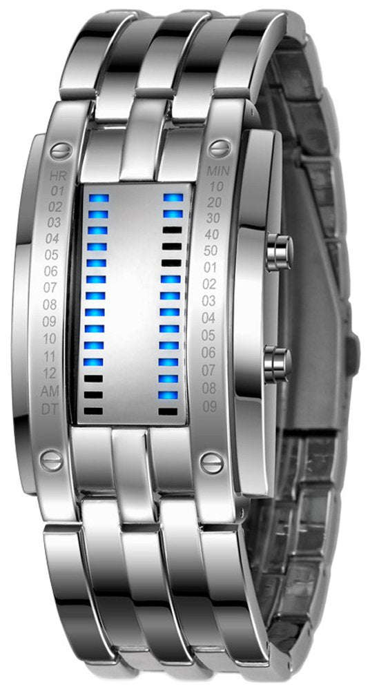 Binary Matrix Blue LED Digital Watch Mens Classic Creative Fashion Black Plated Wrist Watches