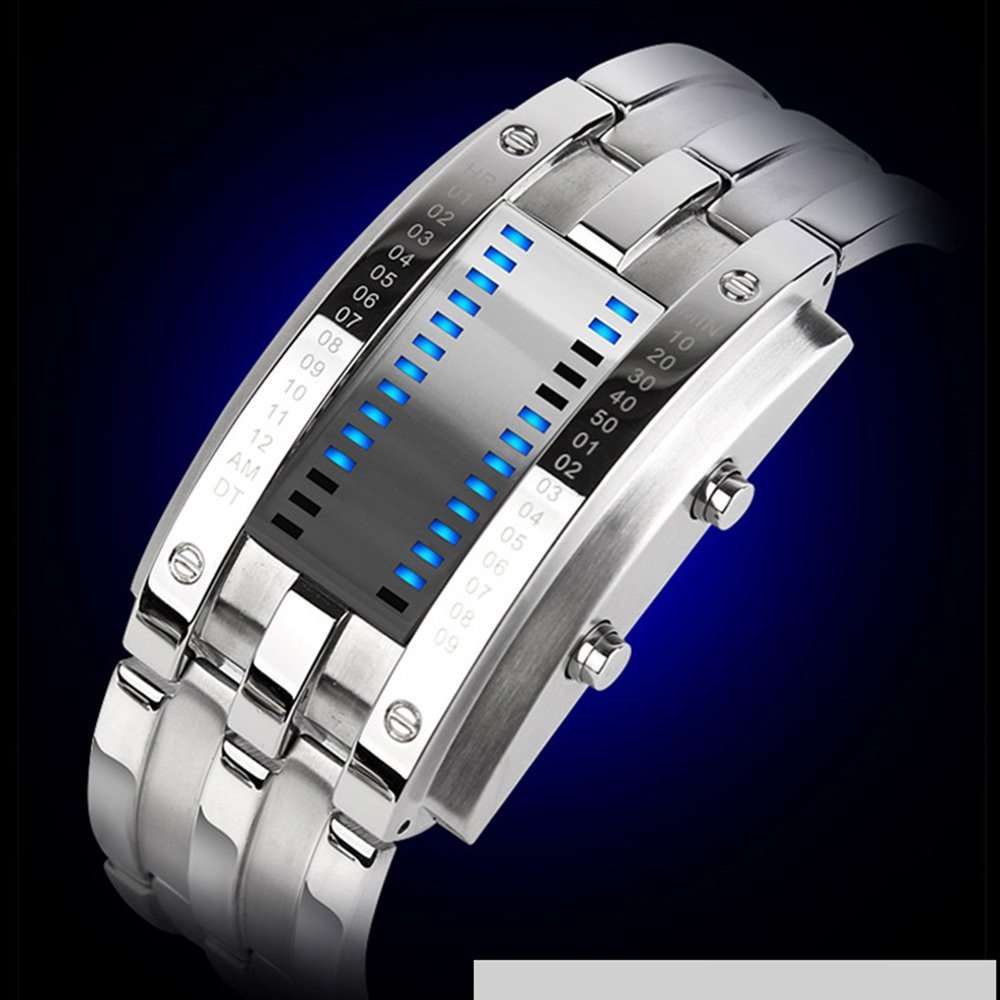 Binary Matrix Blue LED Digital Watch Mens Classic Creative Fashion Black Plated Wrist Watches