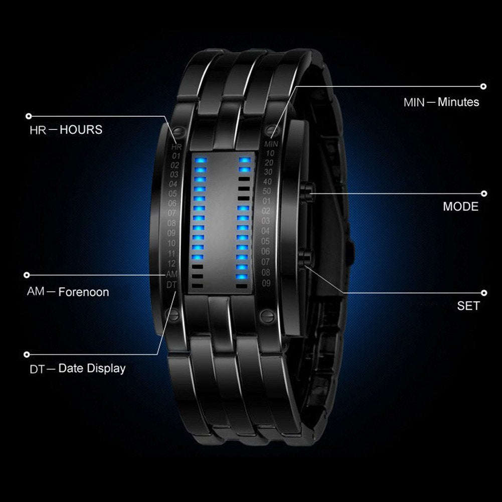 Binary Matrix Blue LED Digital Watch Mens Classic Creative Fashion Black Plated Wrist Watches