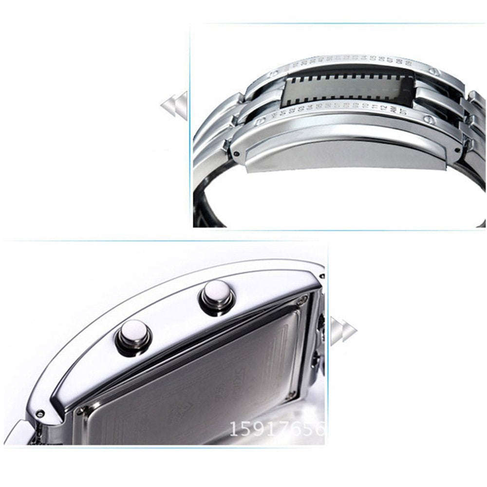 Binary Matrix Blue LED Digital Watch Mens Classic Creative Fashion Black Plated Wrist Watches
