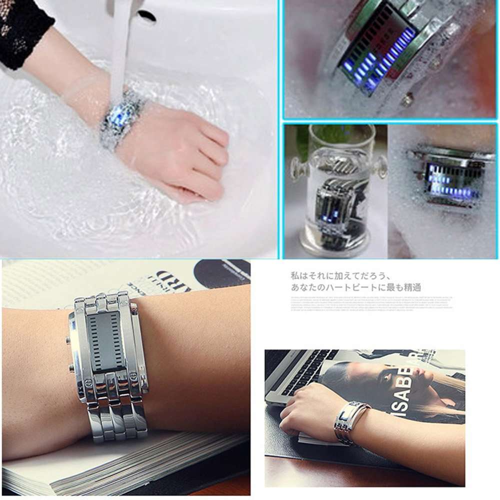 Binary Matrix Blue LED Digital Watch Mens Classic Creative Fashion Black Plated Wrist Watches