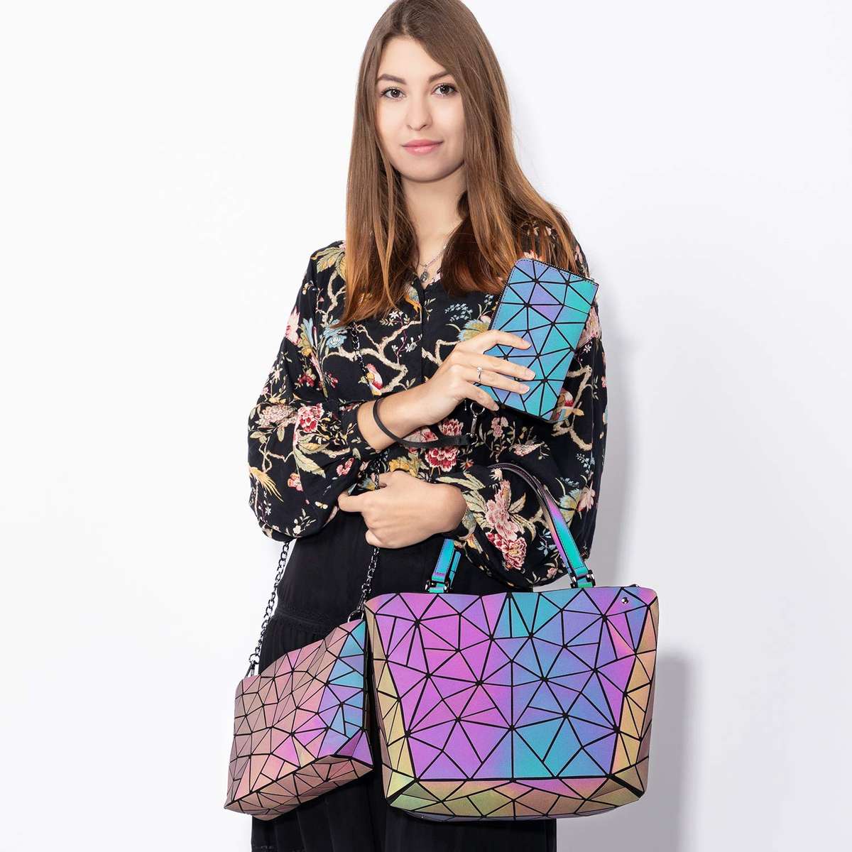 Geometric Luminous Purses and Handbags for Women Holographic Reflective Crossbody Bag Wallet