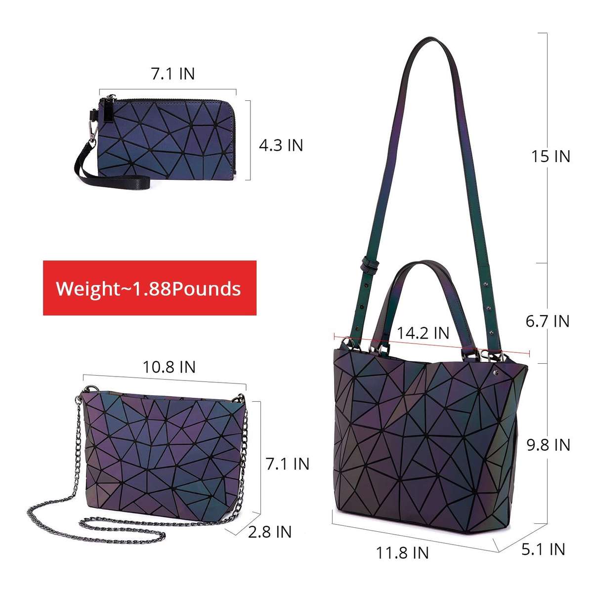 Geometric Luminous Purses and Handbags for Women Holographic Reflective Crossbody Bag Wallet