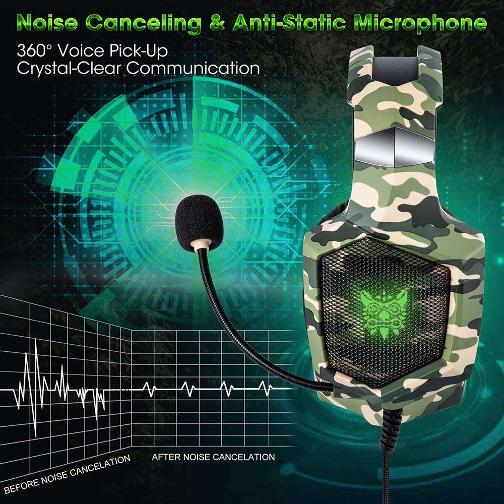 GSUMMER Gaming Headphones, Glowing Gaming Headphones with Wheat Noise Cancelling Headphones, Camo...