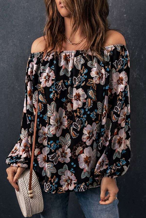 Ladies Off the Shoulder Blouse - Black Floral - Elegant Women's Top