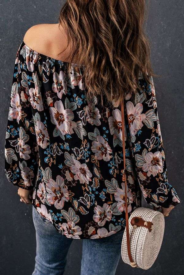 Ladies Off the Shoulder Blouse - Black Floral - Elegant Women's Top