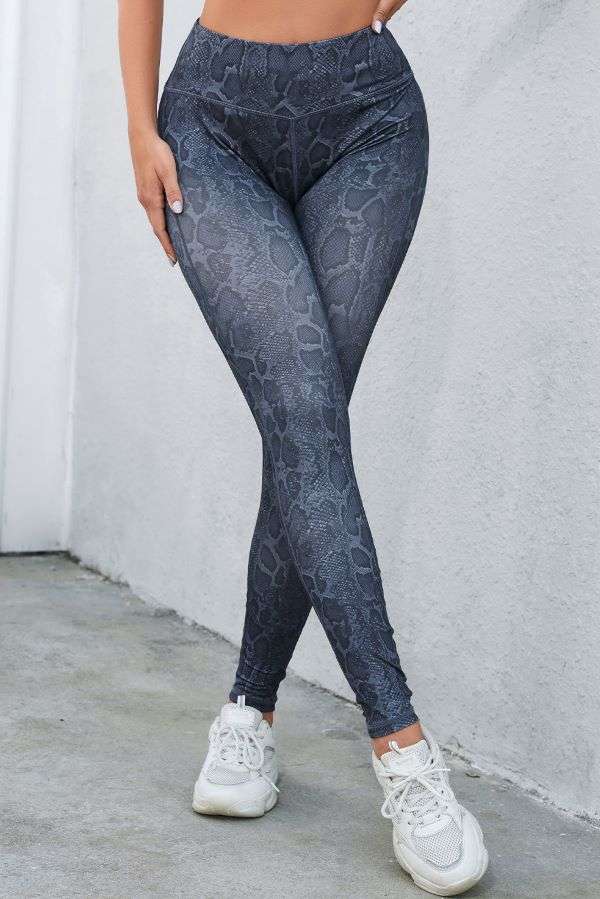 Wide Waistband Leopard Print Leggings - Blue/Grey