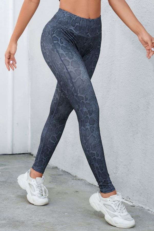 Wide Waistband Leopard Print Leggings - Blue/Grey