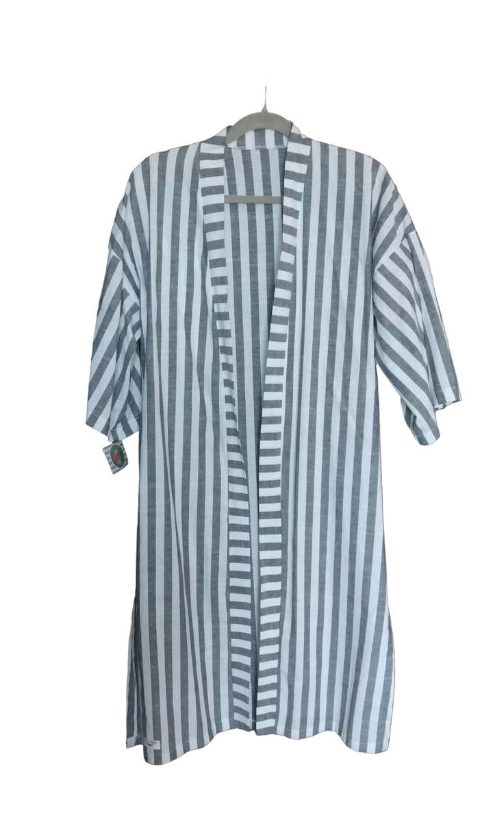 Long Linen Jacket - White & Charcoal Stripe - Earth Angel Clothing