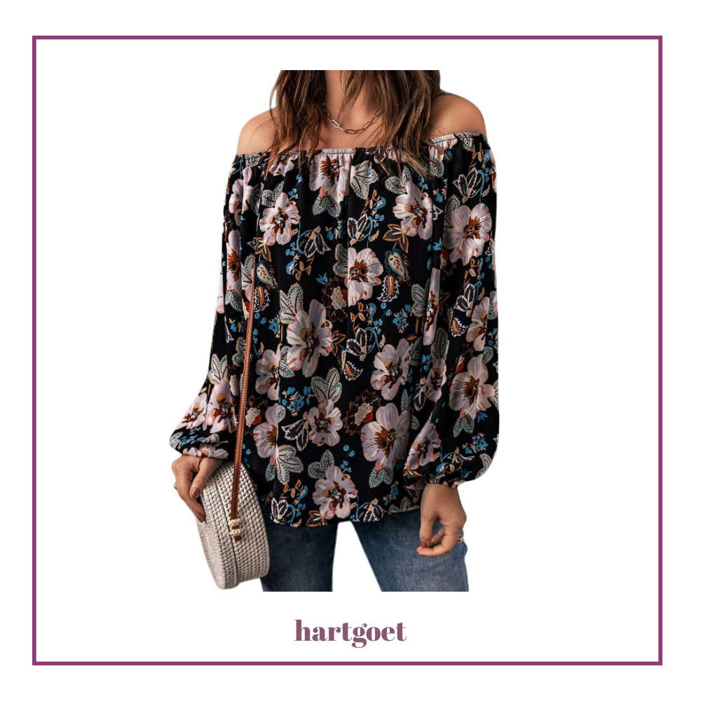 Ladies Off the Shoulder Blouse - Black Floral - Elegant Women's Top