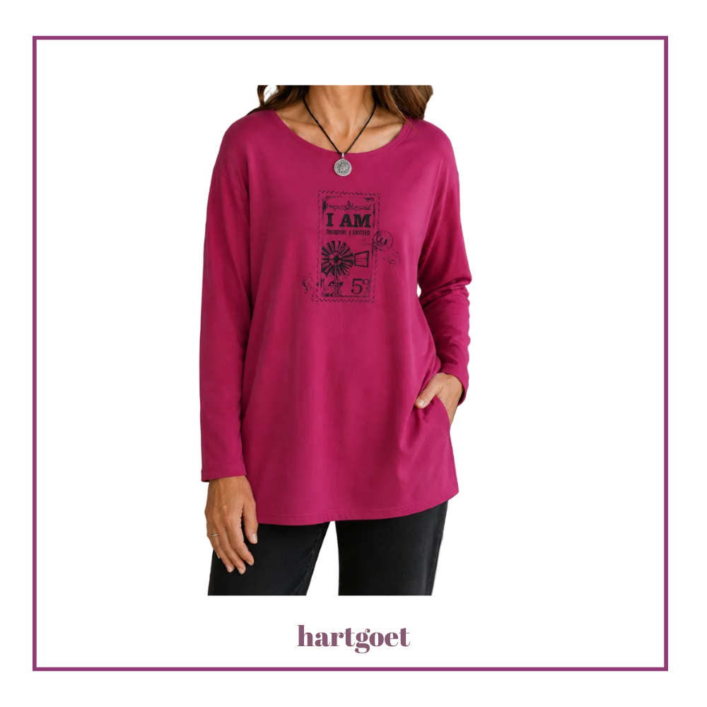 Cerise Longsleeve Top  "I Am Thankful & Content" Print