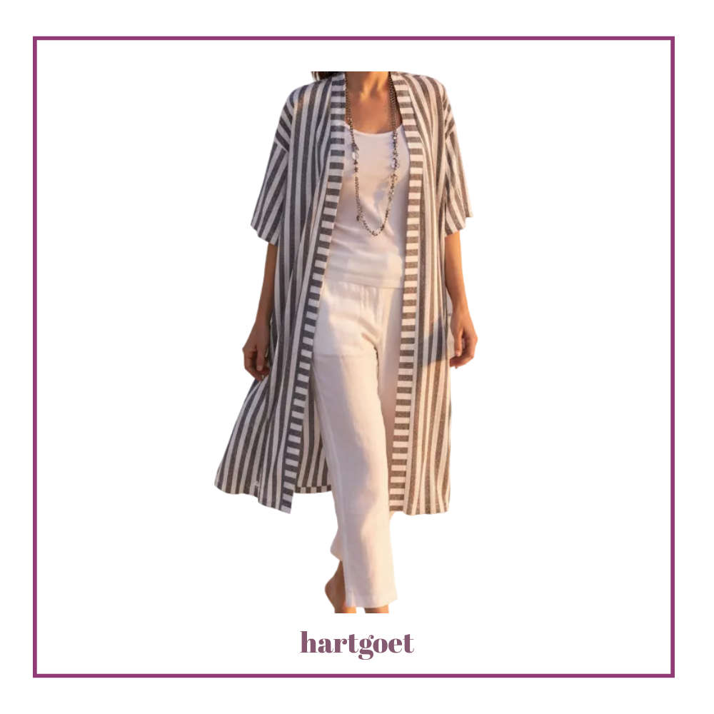 Long Linen Jacket - White & Charcoal Stripe - Earth Angel Clothing