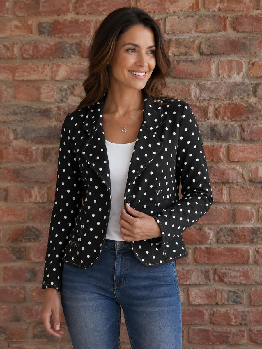 Crop Blazer With Button - Black With White Polkadots