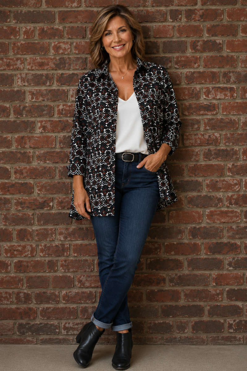 Edith Jacket - Grey/Black/Pink/Blue Aztec Design