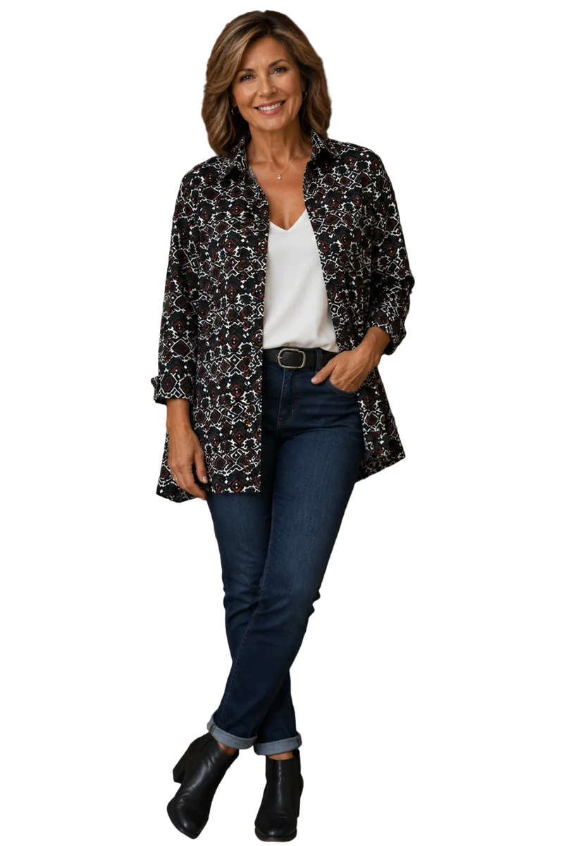 Edith Jacket - Grey/Black/Pink/Blue Aztec Design