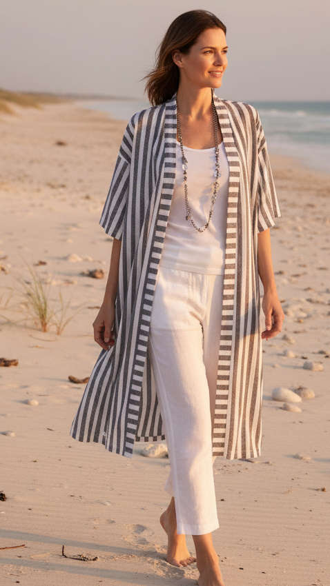 Long Linen Jacket - White & Charcoal Stripe - Earth Angel Clothing
