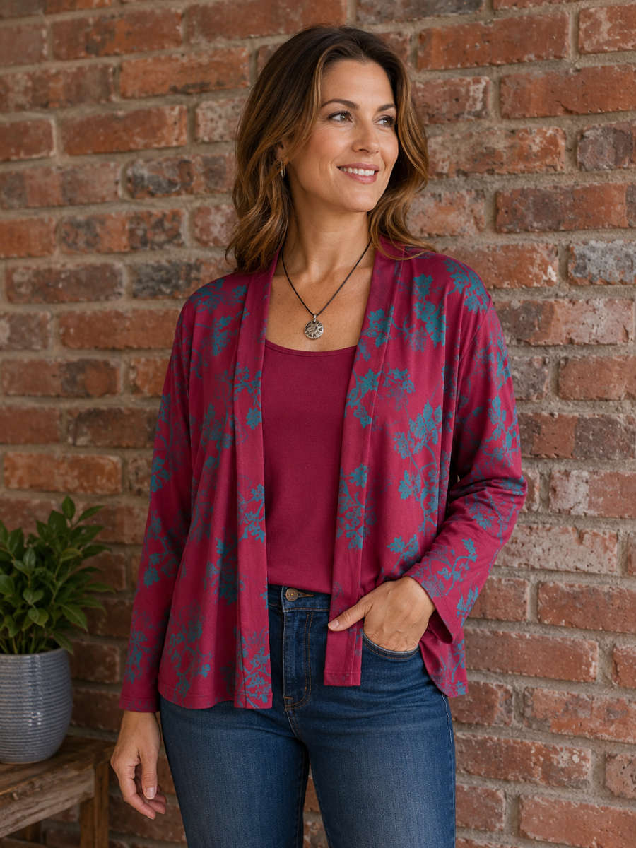 Maroon & Teal Print Cardigan  Women's Layering Essential