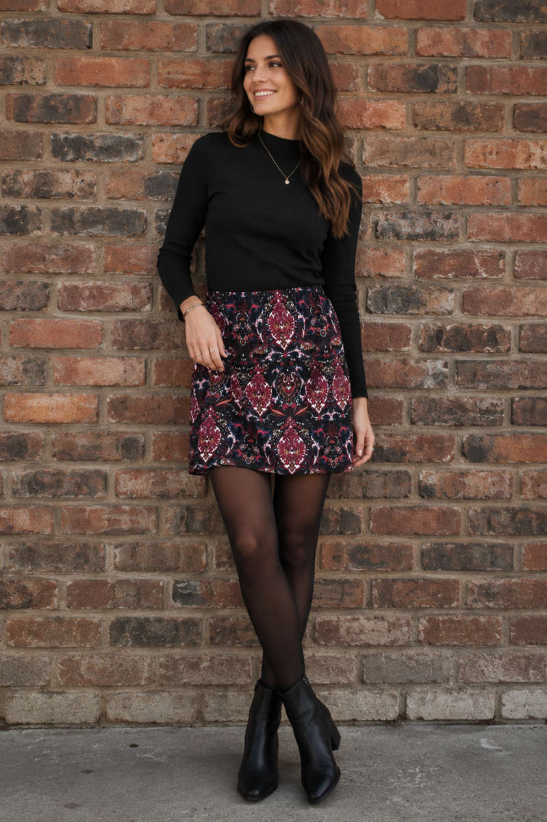 Winter Mini Skirt - Black/Wine/Blue Paisley Print