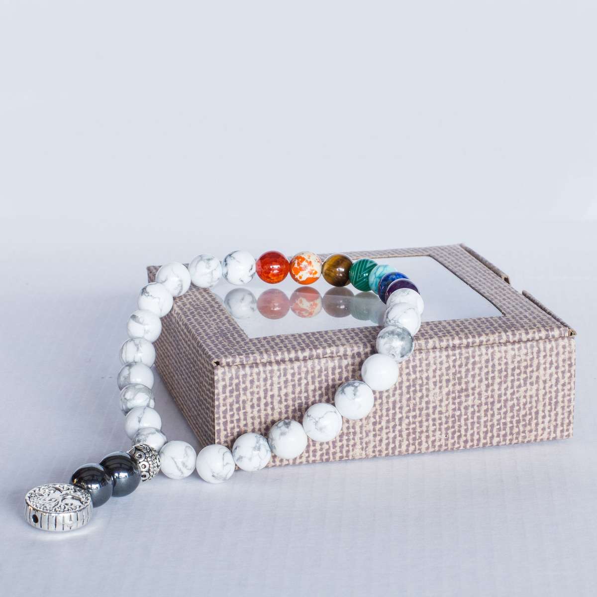 7 Chakra Worry Beads (White Howlite, Red Quartz, Orange Jasper, Tigers Eye, Green Agate, Turquois...