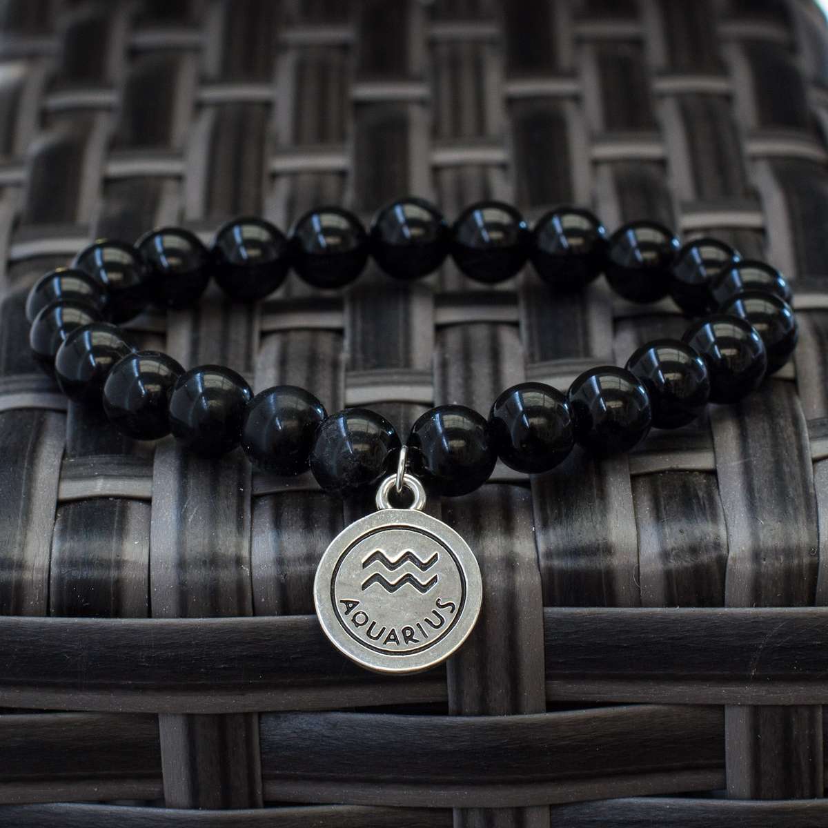 The Stars  Black Obsidian Zodiac Bracelets - Aquarius / S/M (15.5 - 17 CM)
