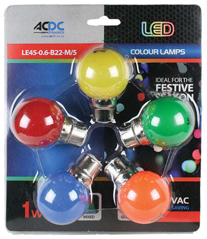 230VAC 1W B22 LAMP BALL TYPE MIXED COLOUR 5 PACK