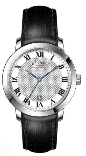Rotary Men's Quartz Watch with Silver Dial Analogue Display and Black Leather Strap GS42825/01
