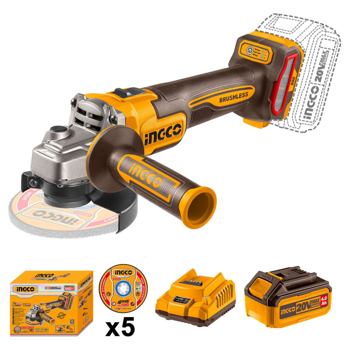 Special - Ingco Cordless Angle Grinder 900W 115MM 20V Kit