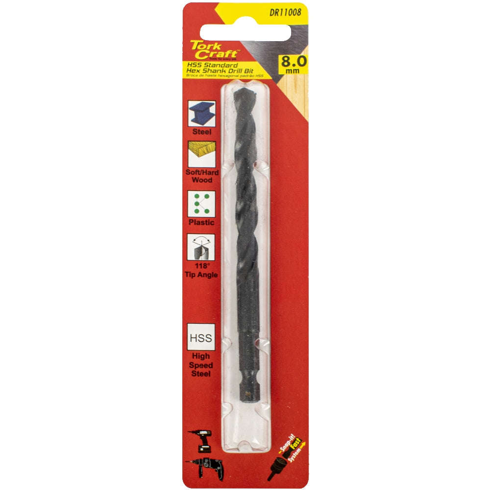 Tork Craft Drill Bit Hss Standard 8.0Mm Hex Shank 1/Card -