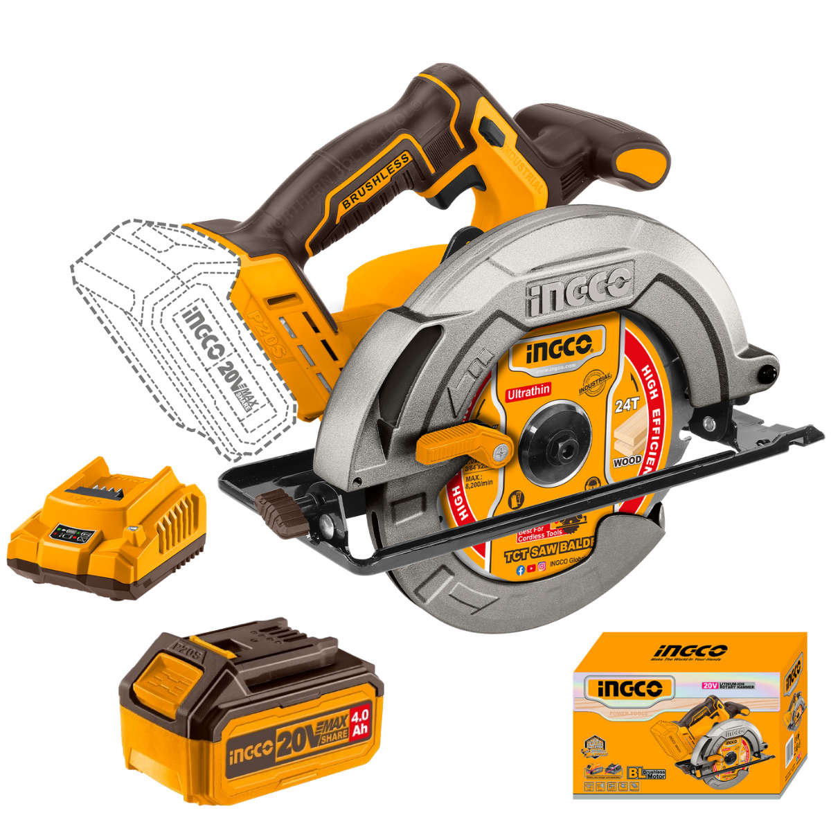 Ingco Cordless Circular Saw Brushless 185mm 20V Kit