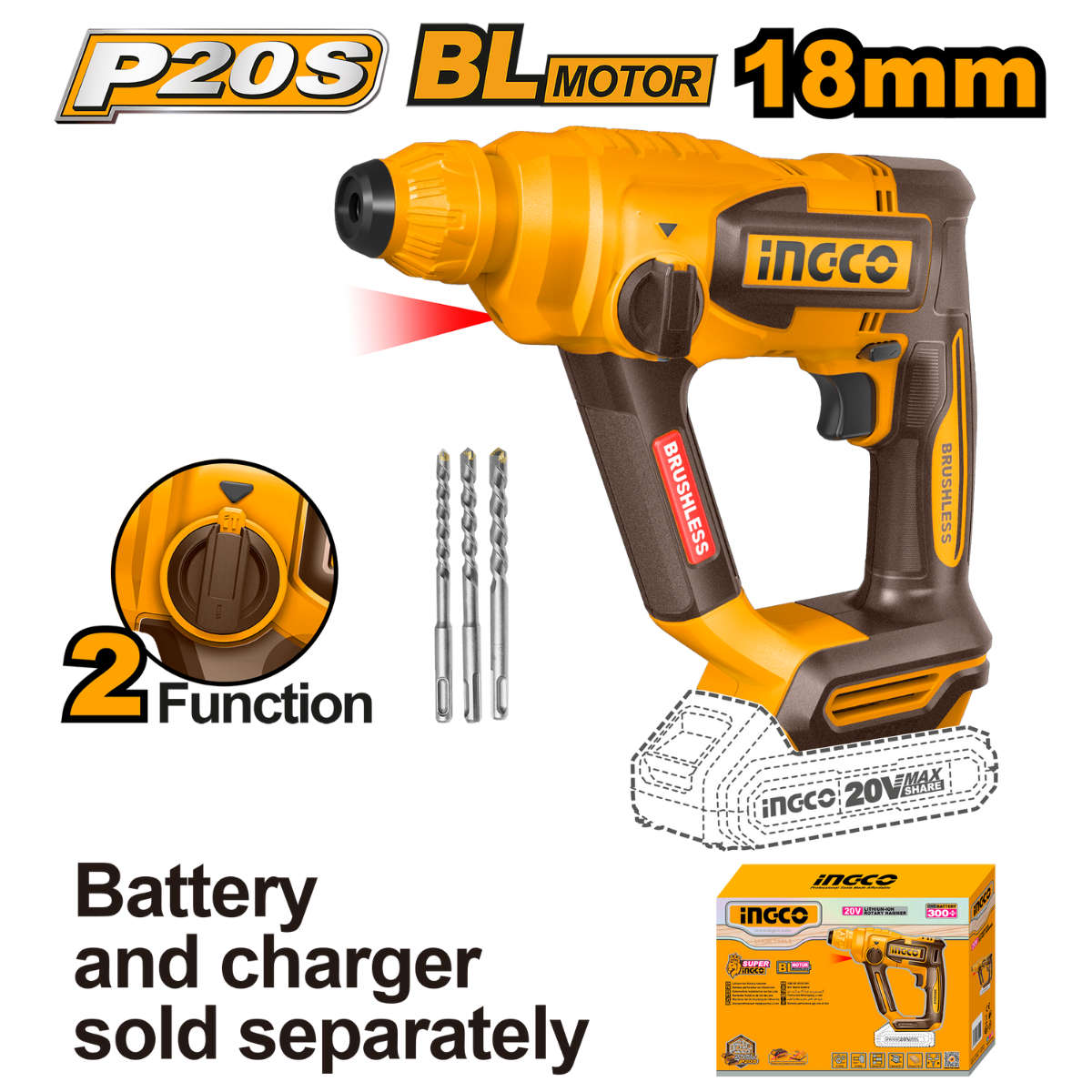 Special - Ingco Cordless Rotary Hammer Drill 1.8J 20V (Tool Only)