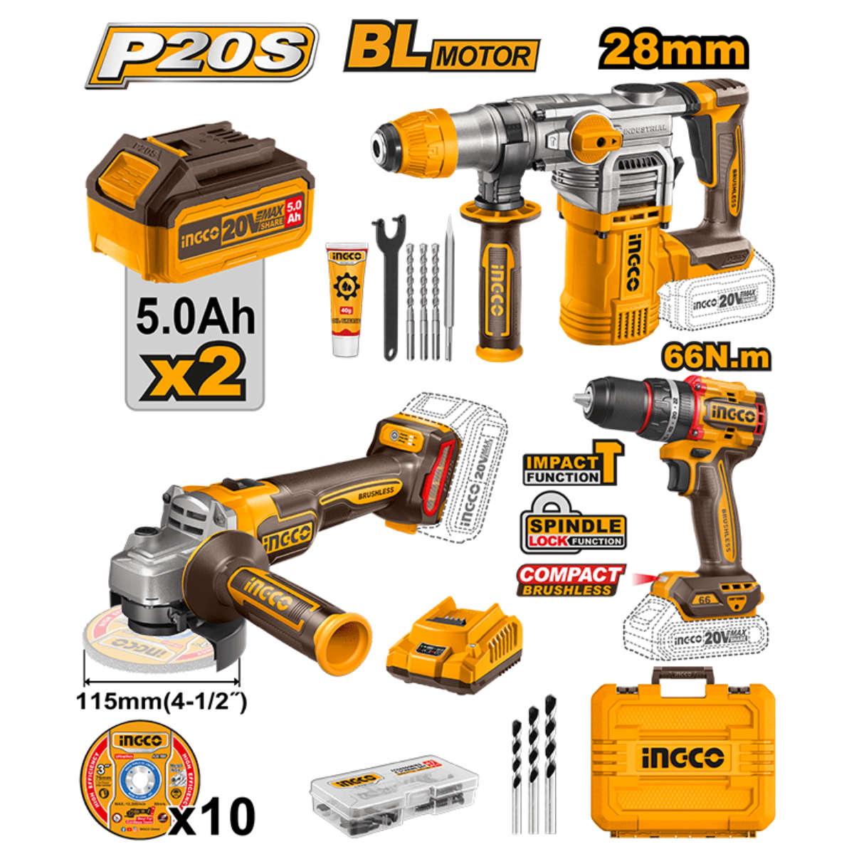 Ingco 3 Piece Cordless Industrial Combo Kit