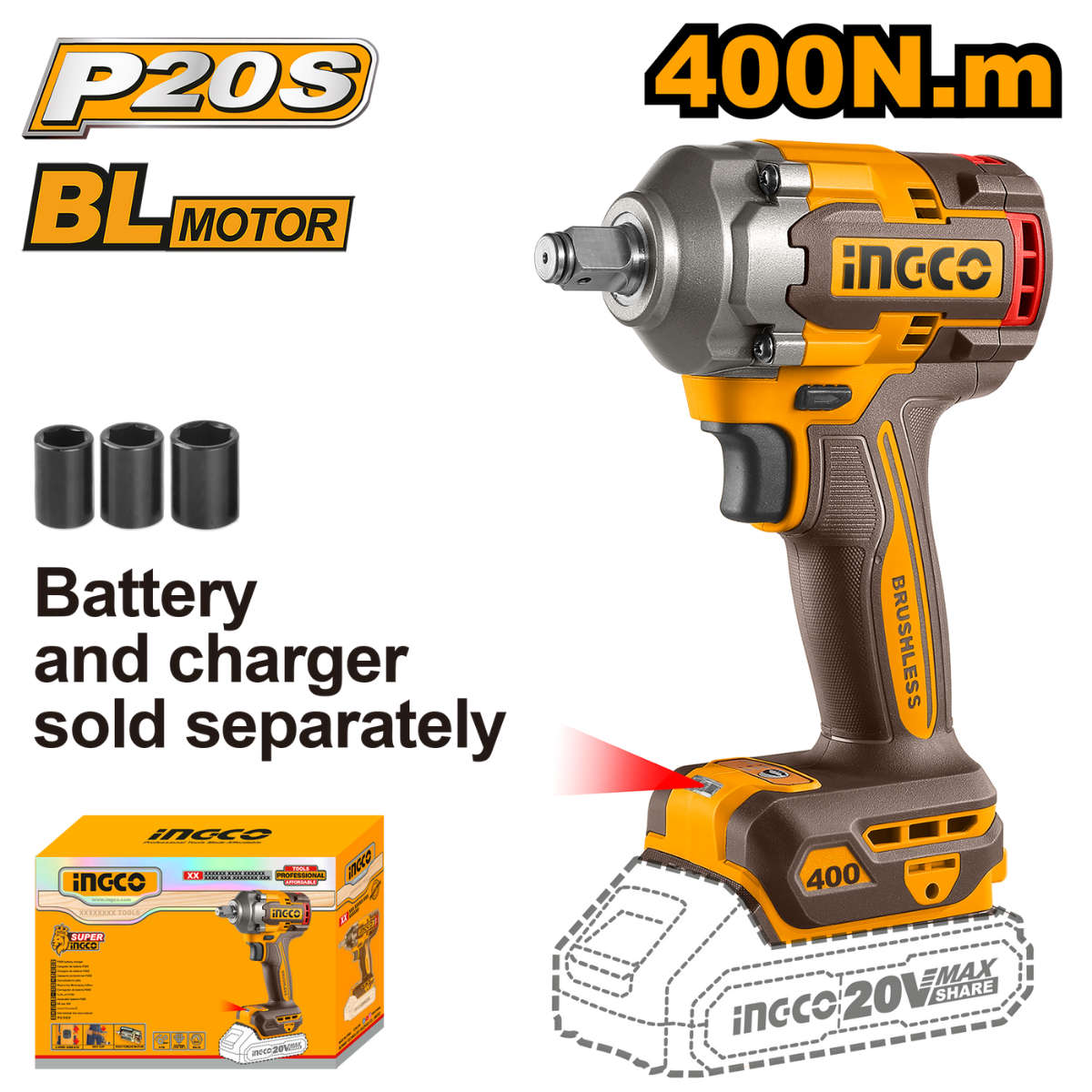 Special - Ingco Cordless Impact Wrench 400Nm 20V (Tool Only)