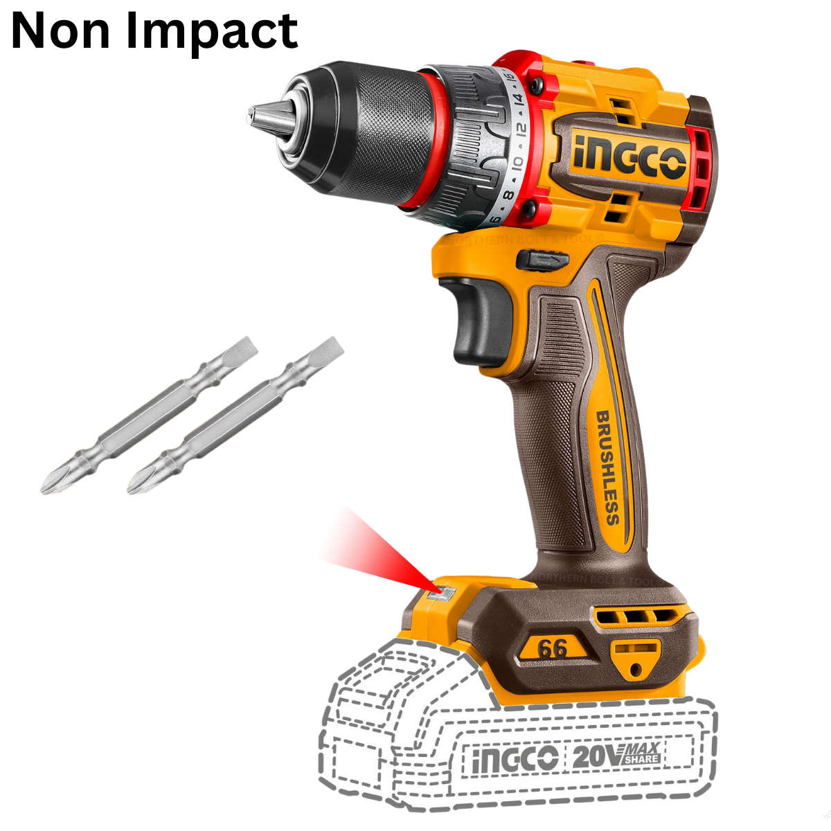 Ingco Cordless Compact Drill 66Nm Brushless 20V (Tool Only) - Non Impact