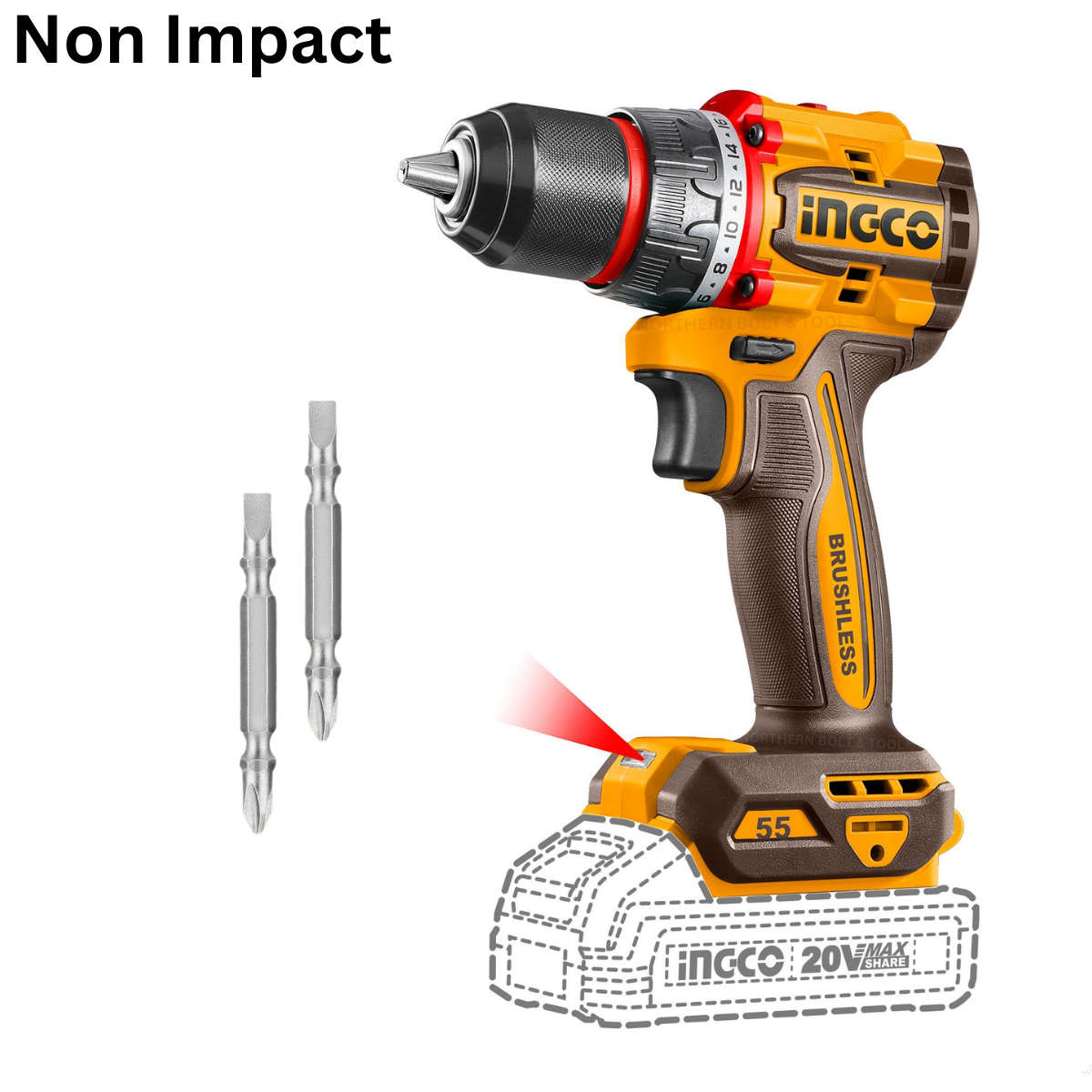 Ingco Cordless Compact Drill 55Nm Brushless 20V (Tool Only) - Non Impact