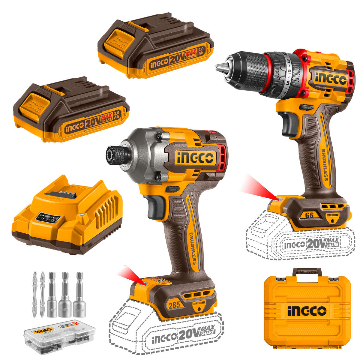 Ingco Cordless Impact Driver & Impact Drill (66Nm) 20V Combo Kit