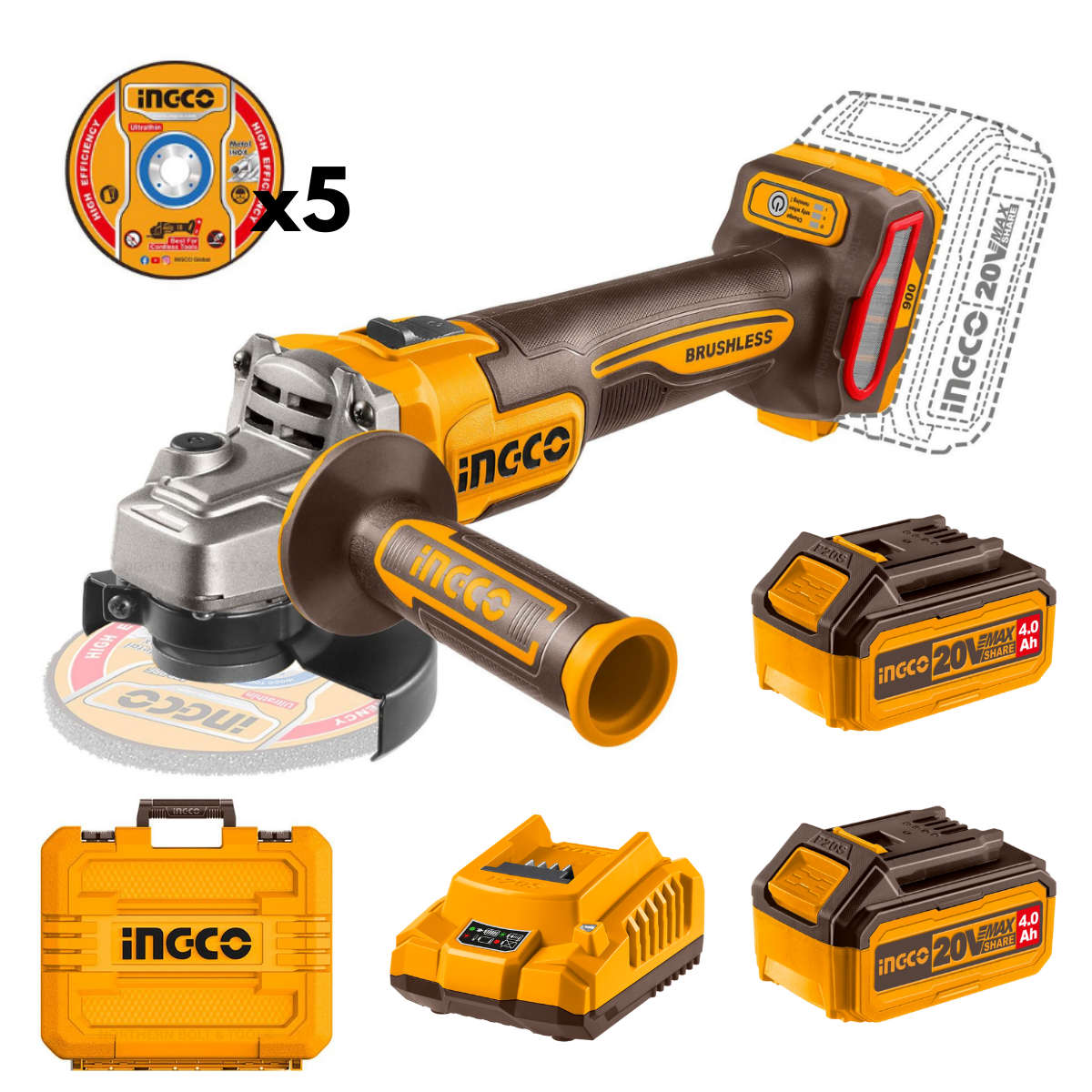 Ingco Cordless Angle Grinder 900W 115Mm Brushless Kit (2x 4Ah Battery, Charger & Case)