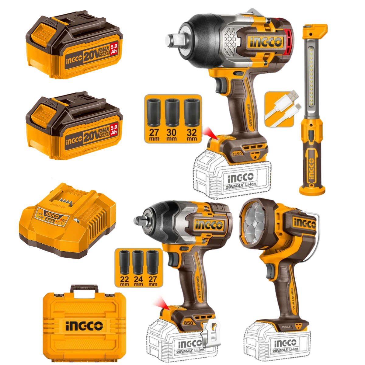 Special - Ingco Cordless 4-in-1 Cordless Combo Kit (2x Work lights & 2x Impact Wrenches)